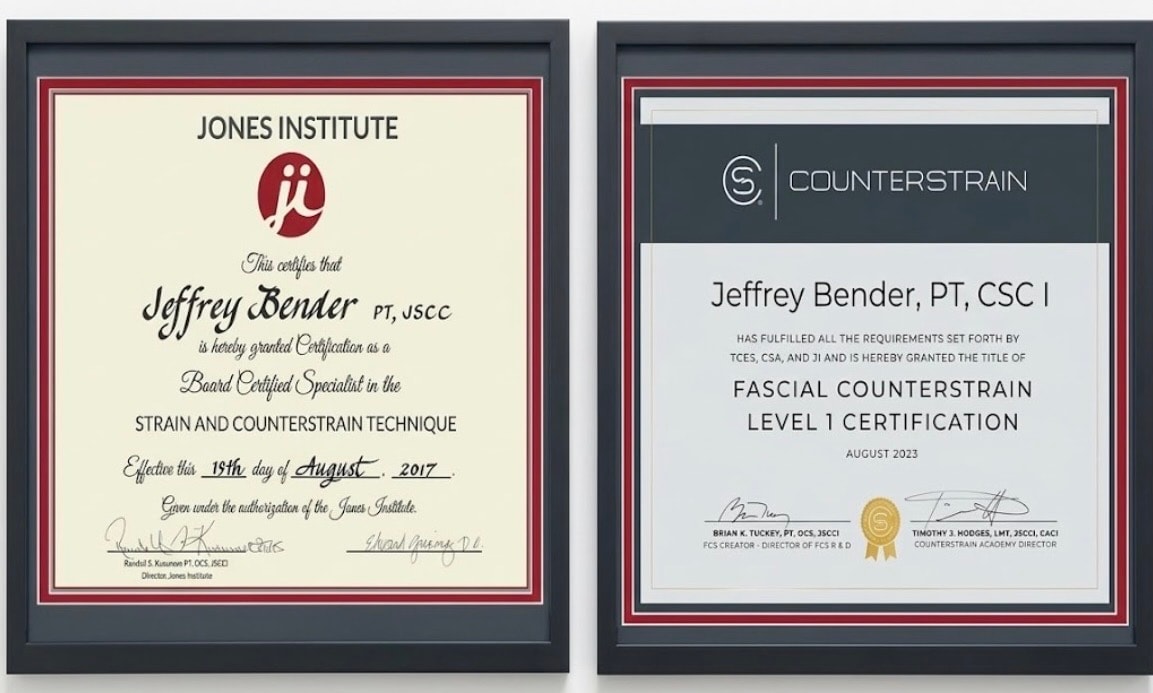 Jeffrey Bender PT certifications — Jones Institute Board Certified Specialist in Strain and Counterstrain, and Fascial Counterstrain Level 1 Certification